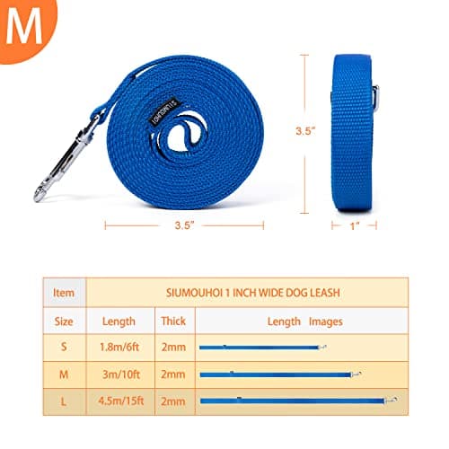 Siumouhoi Strong Durable Nylon Dog Training Leash, 1 Inch Wide Traction Rope, 6 ft 10ft 15ft Long, for Small and Medium Dog (Blue, 10 Feet)