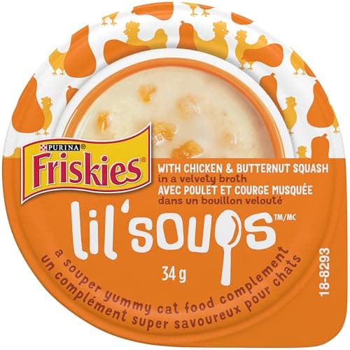 Friskies Lil' Soups Cat Food Complement, Chicken and Butternut in Velvety Broth - 34 g Cup (8 Pack)