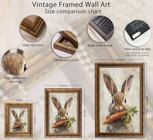 Gold Framed Rabbit Wall Art Vintage Easter Canvas Painting Picture Wall Decor Countryside Farmhouse Animal Poster Print Artwork ForSuitable For Bedroom Living Room Other Home Decoration