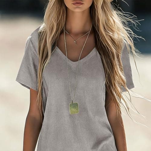 Cotton Linen Dress for Womens Summer V Neck Short Sleeve Sundress Casual Vacation T Shirt Dress Loose Fit Midi Dresses Gray