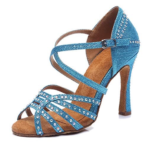 Minishion Women's Rhinestone Dance Shoes Ankle Strap Latin Salsa Dancing Heels, L419 Blue 10cm Heel, 7
