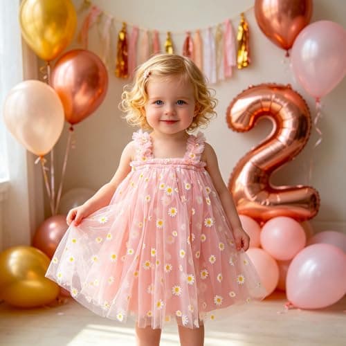 AGQT Baby Girls Daisy Tutu Dress Sleeveless Tulle Tutu Dress Princess Birthday Party Babydoll Dresses Pink Daisy-Lace Size 18-24 Months