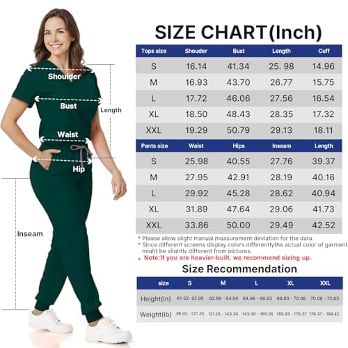 Scrubs Set for Women Nurse Uniform V-Neck Top and Drawstring Jogger Pants with Multi Pocket Nurse Workwear (Dark Green, Medium)