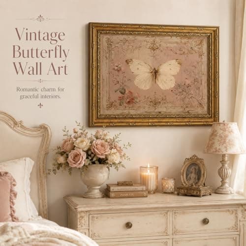 Gold Framed Wall Art Vintage Butterfly Canvas Wall Art White Moth Moody Rustic Insect Artwork Prints Picture for Living Room Bedroom Farmhouse Bathroom Office Decor, 11" L x 9" W