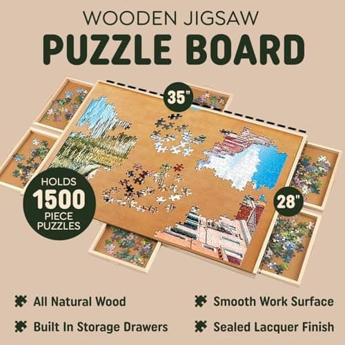 1500 Piece Wooden Jigsaw Puzzle Table - 6 Drawers, Rotating Puzzle Board | 35” X 28” Jigsaw Puzzle Board | Puzzle Cover Included - Portable Puzzle Tables for Adults and Kids by Beyond Innoventions