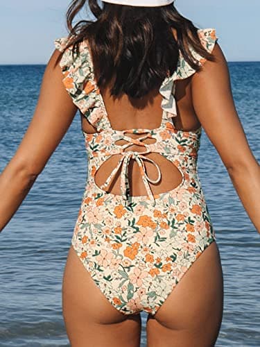CUPSHE Women's Ruffled One Piece Swimsuit V Neck Lace Up, Orange Ditsy Print, Medium