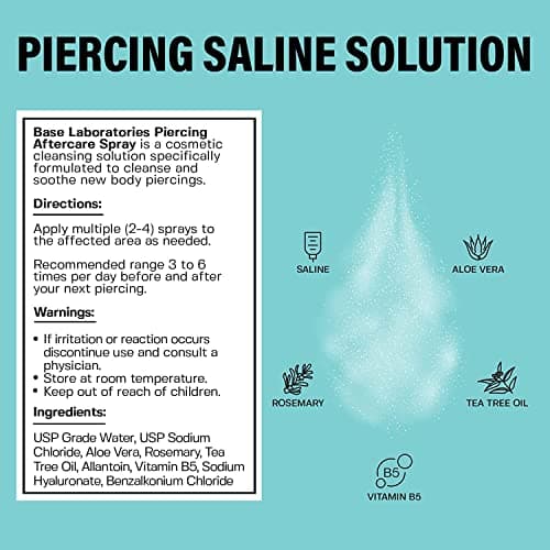 Base Labs Piercing Aftercare Spray 4oz Cleanses, Sterilizes & Soothes Saline Solution for Piercings Piercing Aftercare Healing Treatment for Ears, Nose, Body, Belly Piercings 120ml