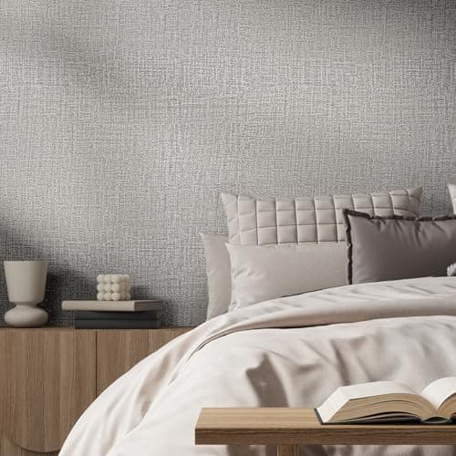 WADILE Grasscloth Peel and Stick Wallpaper 23.6in x 472in, Textured Contact Paper for Cabinets, Faux Linen Wall Paper Pull and Stick, Fabric Vinyl Wallpaper Self Adhesive Light Gray