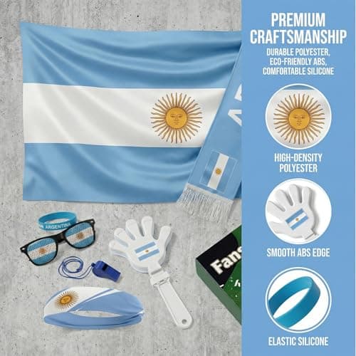 Soccer Fan Gear Set 2026-7 Piece Game Day Kit with Flag, Scarf, Glasses, Whistle, Clapper, Wristband & Headband in Gift Box - Watch Party & Stadium Essentials for Argentina