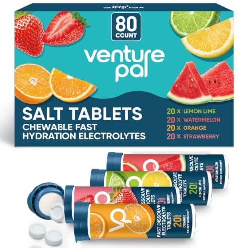 Venture Pal Chewable Electrolyte Tablets, 80 Count Fast-Dissolve Sugar-Free Stick Salt Tablets,Gluten Free – Variety Pack for Rapid Hydration, Outdoor Running, Hiking | Keto & Vegan Friendly | 4 Pack