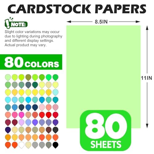 80 Sheets 8.5" X 11"Colored Cardstock, 80 Assorted Colors 180GSM/65LB Construction Paper Card Stock for Card Making, DIY Crafts, School Supplies, Party Decorations & Printing