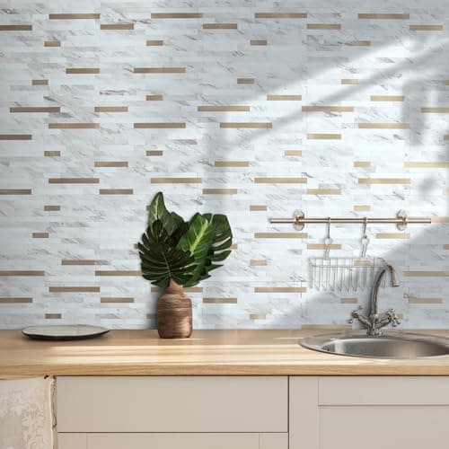 AULIGET 20 Sheets Faux Stone White Marble Peel and Stick Backsplash, PVC Mixed Metal Champagne Gold Wall Tile Stick on Backsplash for Kitchen and Bathroom