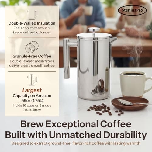 SterlingPro Extra Large Insulated Stainless Steel French Press Coffee Maker 59oz – Insulated Metal XL Double Wall Coffee Maker | Plastic Free | Cool-Touch | Mirror Finish | Makes up to 16 Cups /8 Mugs