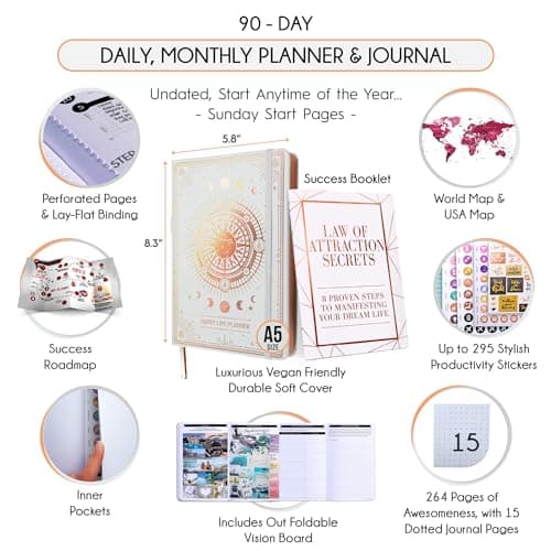 Adhd Daily Planner - A Self Care Personal Gratitude Journal to Increase Productivity and Success in Life & Work, Weekly & Monthly Undated Planner for Women and Men, Vision Board & Organizer + Stickers