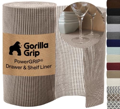 GORILLA GRIP powerGRIP Drawer Shelf and Cabinet Liner, Thick Strong Hold, Non-Adhesive Liners Protect Kitchen Cabinets and Cupboard, Bathroom Drawers, Easy Install, Breathable Mat, 12" x10', Beige