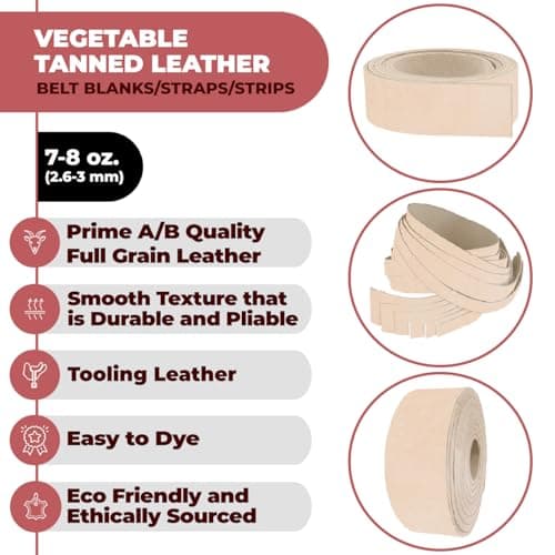 ELW Leather Strap, 7-8 Oz, 1 inch Wide x 84", Cowhide Veg Tan Leather Belt Blank, Leather Strips, Tooling Leather, Tan Straps for Crafts, Belt Making & Crafting Blank Hide