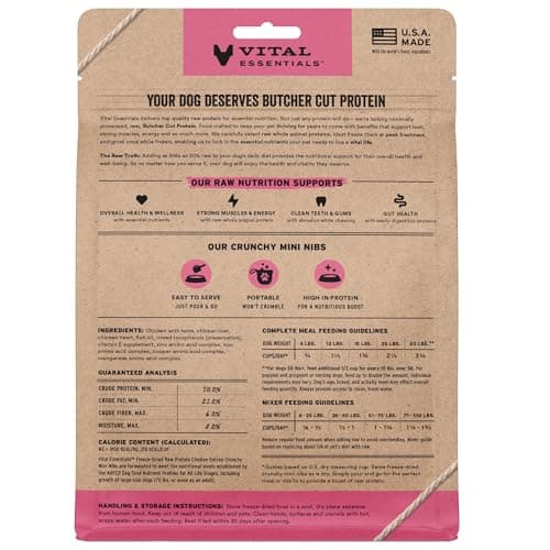 Vital Essentials Freeze Dried Dog Food, Raw Chicken Crunchy Mini Nibs | Complete Meal or Topper | 96% Chicken, Organs & Bone | Limited Ingredient, High Protein, Grain Free Dry Dog Food | 5.5 oz Bag