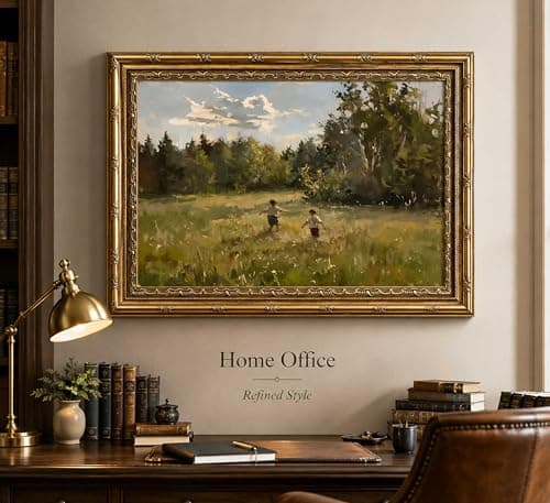Vintage Gold Framed Wall Art, Retro Countryside Canvas Print, Boys Playing Landscape Oil Painting, for Rustic Living Room and Bedroom, 9x11 Inch