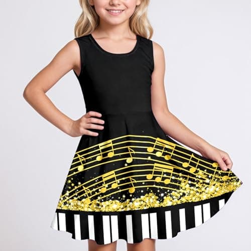 Girls' Sleeveless Music Dress Piano Keys and Notes Graphic Print Skater Dress Summer Party Dress