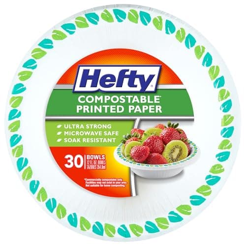 Hefty Compostable Paper Bowls, 12 oz, 30 Count, Patterned Disposable Bowls for BBQs, Parties, Holidays, Potlucks, and Everyday Use, Soak-Resistant, Made with Plant-Based Materials, Microwave Safe