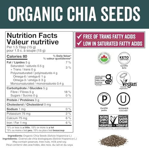 Viva Naturals Organic Chia Seeds, 2 lb – Plant-Based Omega-3s & 6s and Vegan Protein, Non-GMO, Black Chia Seeds Organic, Graine de Chia – Perfect for Smoothies, Salads, and Chia Seed Pudding