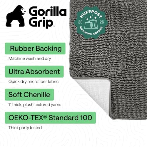 GORILLA GRIP Bath Mat, Thick Soft Absorbent Chenille Floor Mats, Rubber Backing Bathmat, Quick Dry Rug, Machine Washable Rugs for Shower and Tub Floors, Bathroom Accessories Decor, 61x43 cm Charcoal