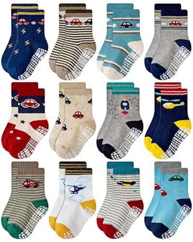RATIVE Non Skid Anti Slip Cotton Crew Baby Babies Toddler Toddlers Socks for Boy Boys 2T 3T 2T-3T 12-24 12-18 Months With Grip Grippers (1-3T,RB-71112)