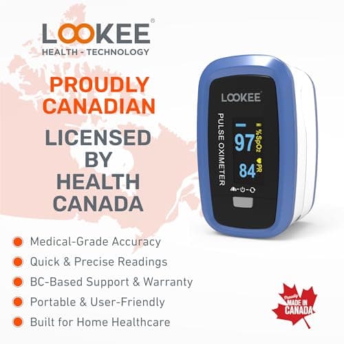 LOOKEE LK50D1 Deluxe Fingertip Pulse Oximeter | Proudly Canadian Finger SpO2 Blood Oxygen Monitor with Auto Rotate OLED Display, Plethysmograph & Pulse Graph | Blue