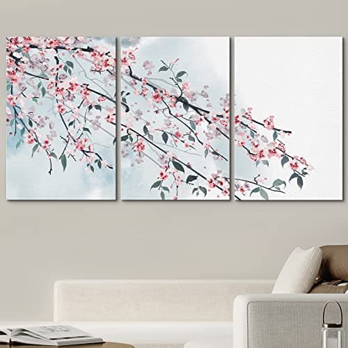 wall26 - 3 Panel Canvas Wall Art - Ink Painting Style Pink Cherry Blossom on The Branch - Giclee Print Gallery Wrap Modern Home Art Ready to Hang - 16"x24" x 3 Panels