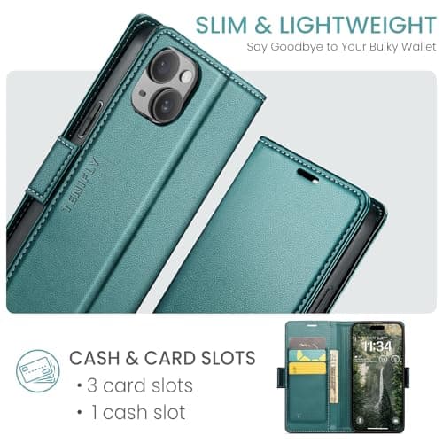 Tenifly for iPhone 13 Case Wallet with RFID Blocking Card Holder, PU Leather Kickstand Protective Flip Phone Cover Fit for iPhone 13 6.1", Bluish Green
