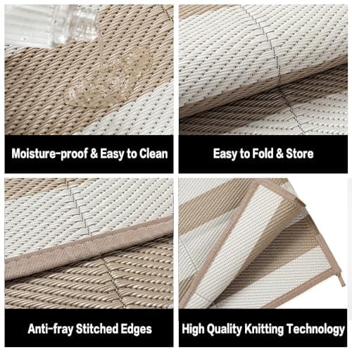 PureCozy Outdoor Waterproof Patio Rug 6x9 Plastic Straw Reversible Lightweight Outside Beige Stripe Large Carpet Outdoor for Camping RV Porch Deck Balcony Beach