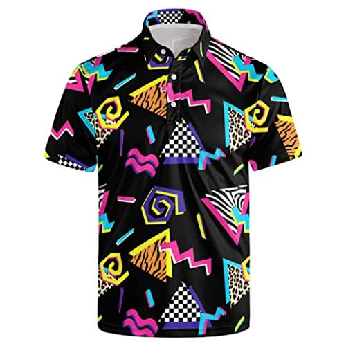 Mens 80s Golf Shirt Dry Fit Performance Short Sleeve Print Shirts Funny 90s Golf Shirts for Men, 80s 90s Theme, XX-Large
