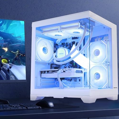 HOENGAGER Panorama Gaming PC Desktop Computer - AMD Ryzen 7 5700G 3.8 GHz, RTX 5060 8GB, 32GB DDR4 RAM 3200, 1TB M.2 PCIE + 1TB SATA SSD, 650W PSU, 240mm AIO, Windows 11 64-bit, White