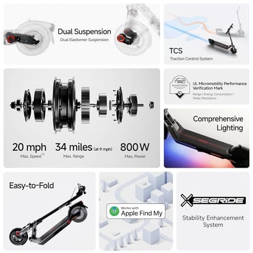 Segway Ninebot E3 Pro Electric Scooter, 34-Mile Range, 20 mph, 800W Motor, Dual Elastomer Suspension, Traction Control, UL2272 2271 Certified, Black