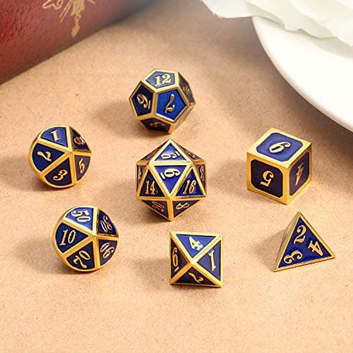 DNDND Heavy Polyhedral Metal Dice Set with Metal Box, 7-die Shiny Blue Surface with Golden Number for RPG,Dungeons and Dragons,Pathfinder,Shadowrun,D&D,Role Palying Game and Math Teaching