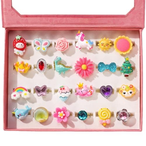 PinkSheep Little Girl Jewel Rings in Box, Adjustable, No Duplication, Girl Pretend Play and Dress Up Rings (24 Lovely Ring)