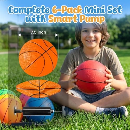 3 otters 6 Pack Mini Basketballs, 7.5 Inch Basketball Set with Pump for Kids Swimming Pool Toy, Mini Basketball Hoop, Outdoors Party Favors