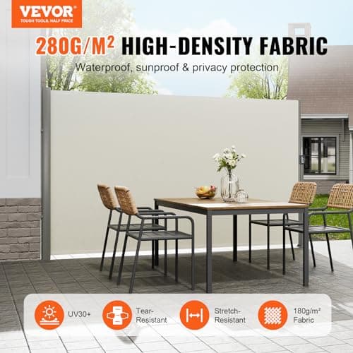 VEVOR Retractable Side Awning, UV 50 71''x118'' Rugged Full Aluminum Rust-Proof, Patio Sunshine Screen, 280 g Thicken Privacy Divider Wind Screen, Suitable for Yard, Roof Terraces and Pools, Beige