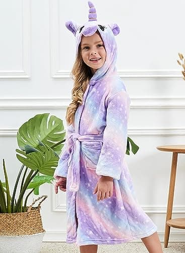 Girls Unicorn Hooded Robe with Matching Slippers, Headband, Blindfold Purple 2-6-7 Years
