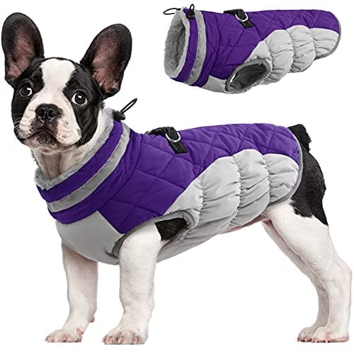 FUAMEY Dog Coat for Medium Dogs,Waterproof Dog Winter Jacket with Harness Built in Puppy Cold Weather Coats Reflective Pet Vest with Zipper Warm Fleece Dogs Snowsuit Windproof Purple M