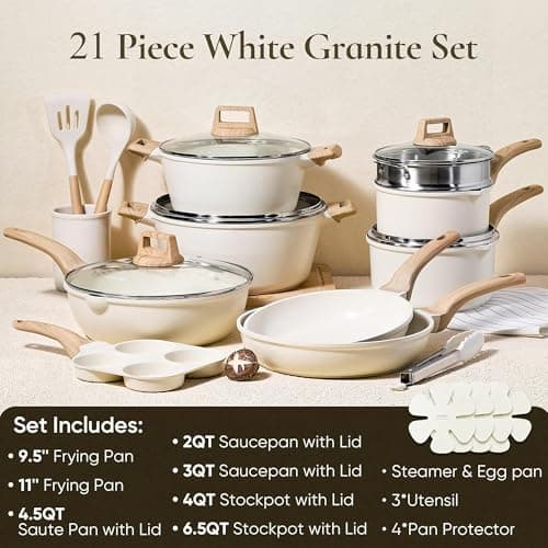 CAROTE 21pcs Pots and Pans Set, Nonstick Cookware Sets, Induction Cookware Kitchen Set Non Stick Cooking Set w/Frying Pans & Saucepans (PFOS, PFOA Free)