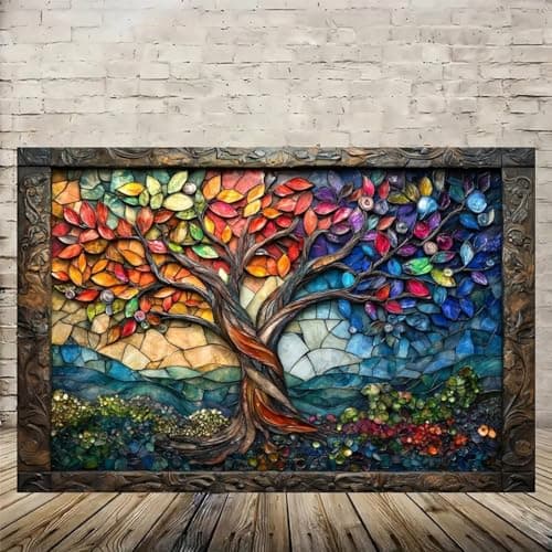 Mosaic Tree of Life Art Vintage Rustic Canvas Wall Art - 12x18in Unframed Poster- Home & Office Decor for Living Room, Bedroom, Kitchen & Cafe