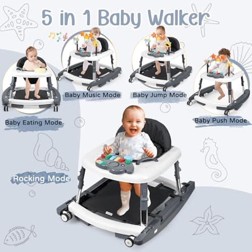 CiuseiAnx 5 in 1 Baby Walker Foldable Music and Lights with 5 Adjustable Heights, Baby Walker with Wheels Portable, Infant Toddler Walker for Baby Boy Girls 6-18 Months (D-Grey)