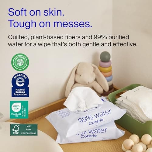 Coterie Baby Wipes for Sensitive Skin, Plant-Based and Plastic-Free Fibers, 99% Water, Hypoallergenic, pH Balanced, Unscented, Clean and Gentle Baby Essentials, 8 Pack, 448 Count