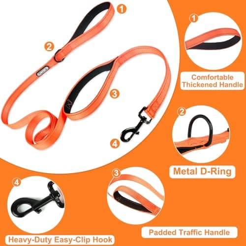 CLCKUMTU Heavy Duty Dog Leash with 2 Comfortable Padded Handles, 6FT Traffic Handle Extra Control, Highly Reflective Threads Leash for Small/Medium/Large Dogs (Orange)