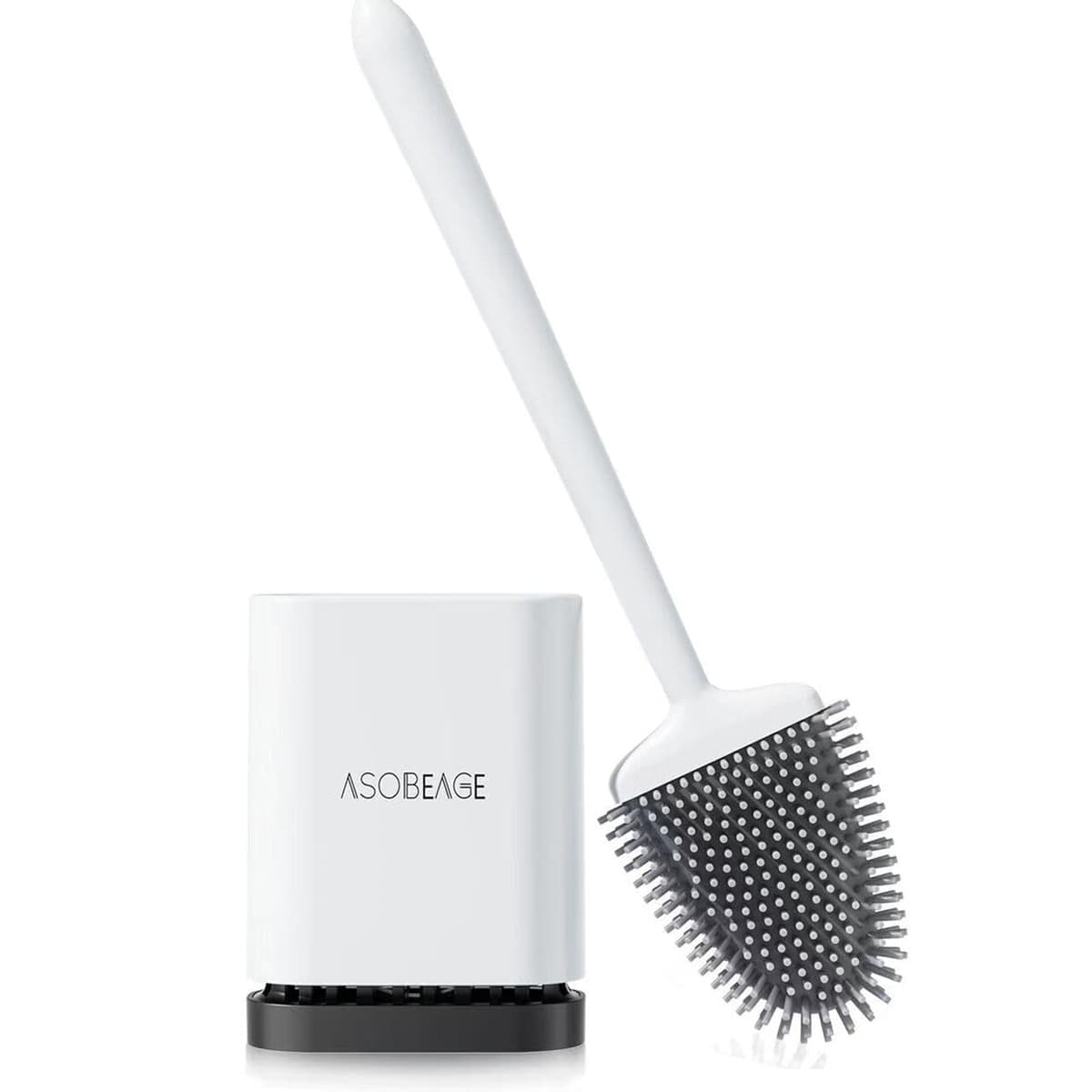 ASOBEAGE Silicone Toilet Brush: Flexible Head, Long Handle, Wall-mounted, Quick-drying Holder for Bathroom Clean (White)