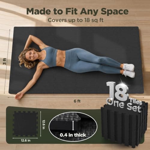 AIRHOP 12x12In Thick 18 Tiles Gym Floor Mat, High-Density EVA Foam Puzzle Gym Mat, Interlocking Foam Floor Tiles for Home Gym Exercise Equipment, Play Workout Garage Kitchen Flooring