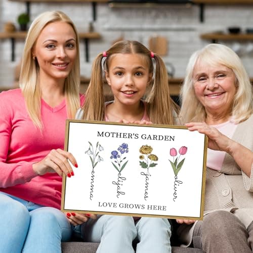 Personalized Mothers Day Idea Gifts for Mom Grandma Nana from Daughter Son Kids Custom Mothers Garden Birth Flowers Canvas Prints with Names Customized Mother's Day Birthday Gift
