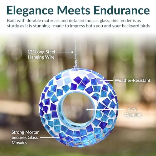 Sunnydaze 6-Inch Glass Mosaic Hanging Bird Feeder for Outdoors - Fly-Through Glass Bird Feeder for Cardinals, Jays, Finches and More - Blue Mosaic