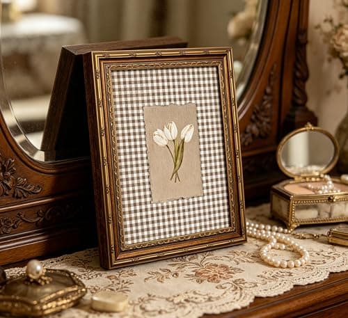RLZIEWPT Vintage Gold Framed Wall Art, Cottagecore White Tulip Flowers Picture Wall Decor, Brown Gingham Botanical Print Artwork, for Living Room Bedroom 9x11 in